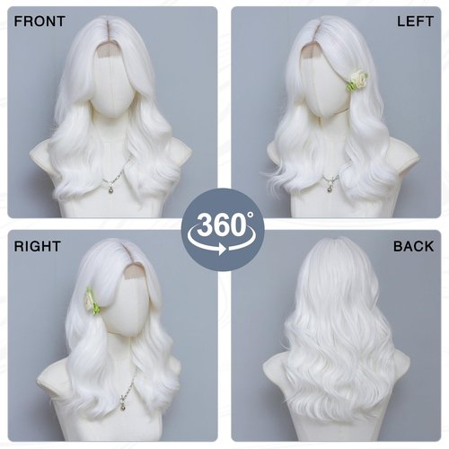 MORICA White Wigs for Women 18 Inch Middle Part Medium Length Short Curly Wavy Wigs,Natural Synthetic Hair Womens Wigs for Daily Party/Halloween Use（18inch，White）