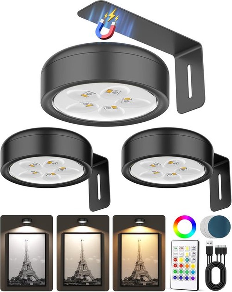 Skiennix Wireless LED Picture Lights - 2000mAh Rechargeable Magnetic Puck Lights | Remote Control, 3 Color Temps, Dimming & Timer