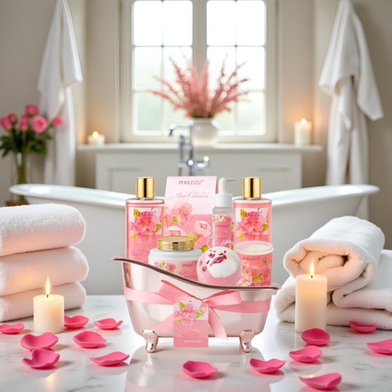 Rose & Jasmine Floral Luxury Bath & Body Gifts - Spa Basket with Body Lotion, Soy Candle - Home Bath Gift Set for Women
