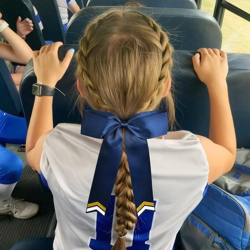 DEEKA 12PCS Collegiate Style Cheer Bows with Glitter Chevrons Tail Skinny College Cheerleader Ponytail Holder for Volleyball Softball Girls (Navy Blue/Gold/White)
