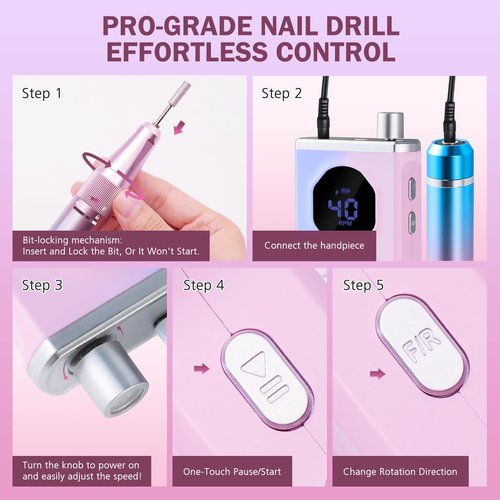 KAWBIYJ Professional Nail Drill, 40000RPM Electric Nail File for Acrylic Gel Nails Polishing Removing, Rechargeable Portable Cordless Nail Drill Kit with Full Set of Accessories at Salon Home