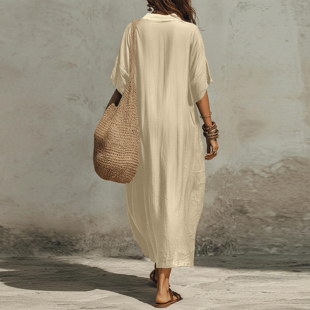 Linen Dress Women Casual Short Sleeve Fashion Beach Dresses V-Neck Lightweight Split Flowy Sundresses