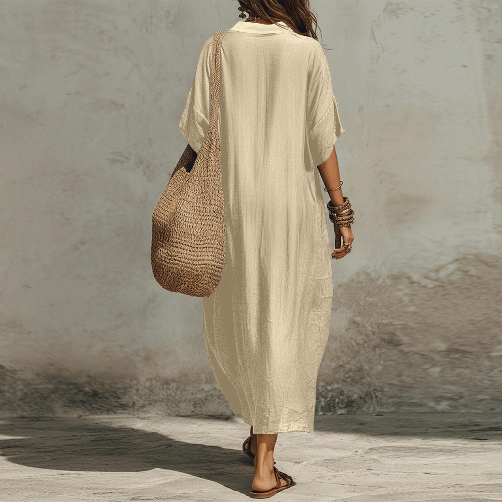 Linen Dress Women Casual Short Sleeve Fashion Beach Dresses V-Neck Lightweight Split Flowy Sundresses