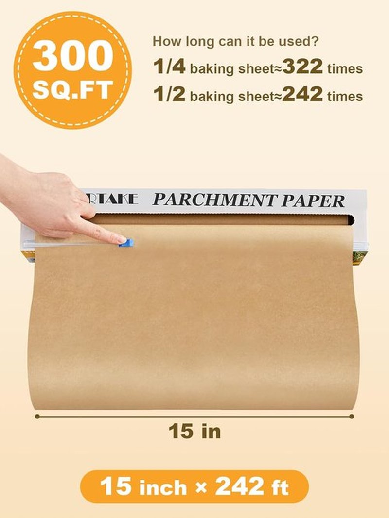 SMARTAKE Non-Stick Parchment Paper Roll - 15 in x 242 ft | Heavy Duty Baking Sheets with Slide Cutter