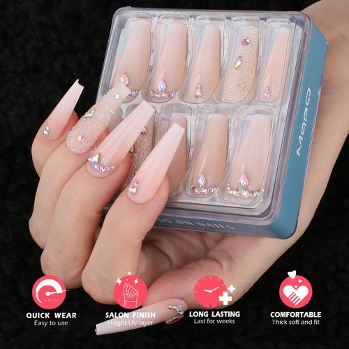 MqpQ Luxury Ombre Pink Press On Nails Rhinestones Long Coffin Colorful Caviar Fake Nails 24pc Glossy Full Cover False Nails For Women