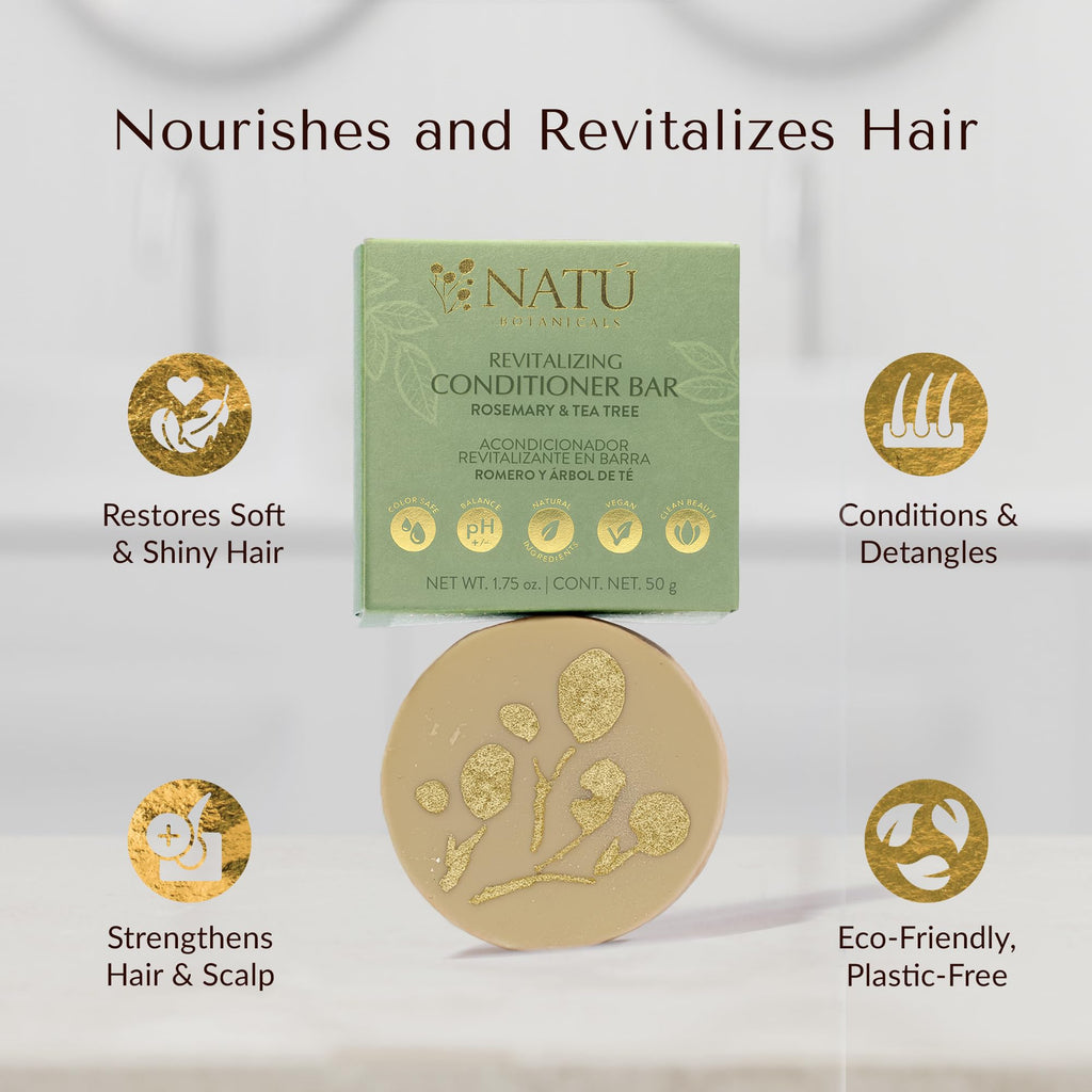 NATÚ BOTANICALS Revitalizing Hair Conditioner Bar – Rosemary & Tea Tree - Hydrating Conditioner for Dry & Frizzy Hair - Deeply Nourishes & Detangles - Supports Healthy Hair Growth - Zero-Waste
