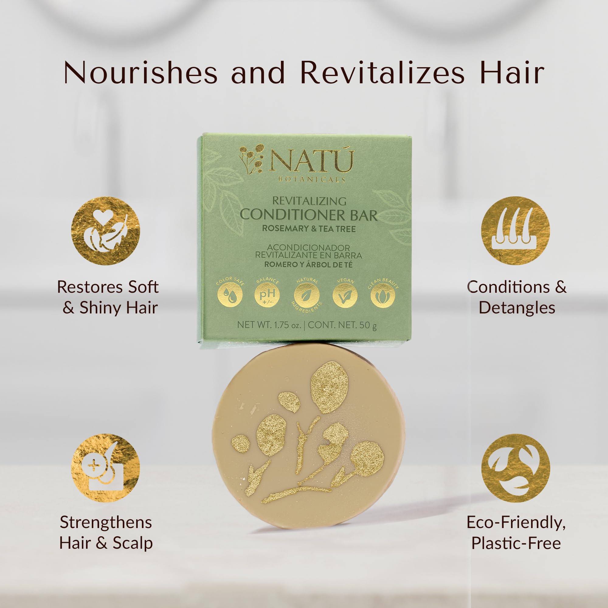 NATÚ BOTANICALS Revitalizing Hair Conditioner Bar – Rosemary & Tea Tree - Hydrating Conditioner for Dry & Frizzy Hair - Deeply Nourishes & Detangles - Supports Healthy Hair Growth - Zero-Waste