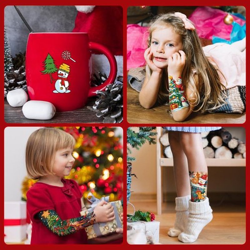 Leesgel 36 Sheets Christmas Full Arm Temporary Tattoos for Kids, 10Pcs Snowy Santa Claus Deer Sleeve Fake Tattoos, 320 Styles Christmas Themed Party Tattoos Stickers for Boys Girls