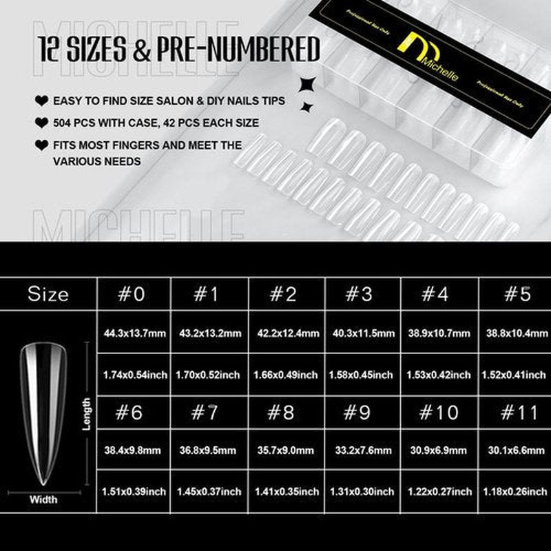Michelle Stiletto False Nails Tips 504pcs X Long Stiletto Press on Nails Pre-shape Fake Gel Nail Tips for Fake Cover Acrylic Nails False Nails For Nail Extension Home DIY Nail Salon Gelly Tips