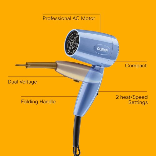 Conair Travel Hair Dryer - 1600W Compact Blow Dryer with Dual Voltage & Folding Handle | Blue