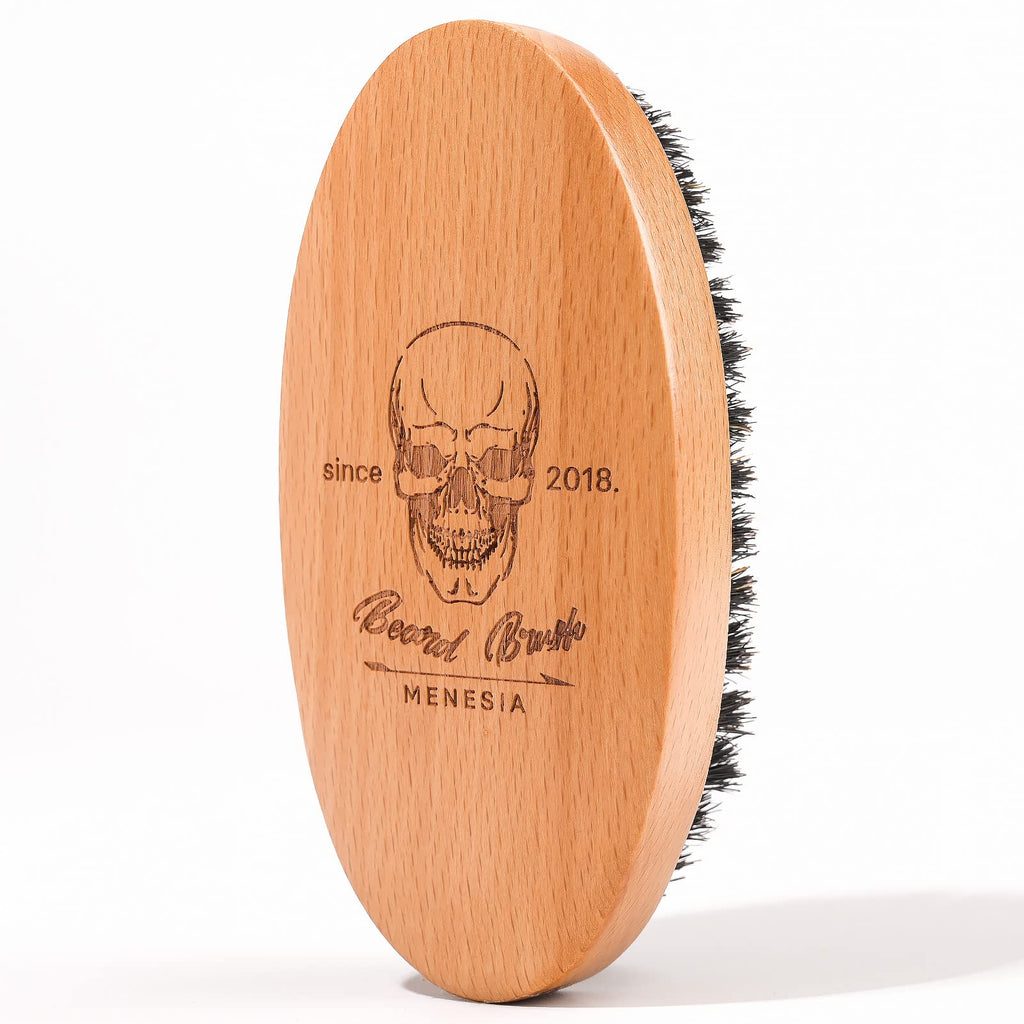 Menesia Boar Bristle Hair Beard Brush for Men, Pocket Travel Men's Wooden Small Soft Beard Brush (Skull)