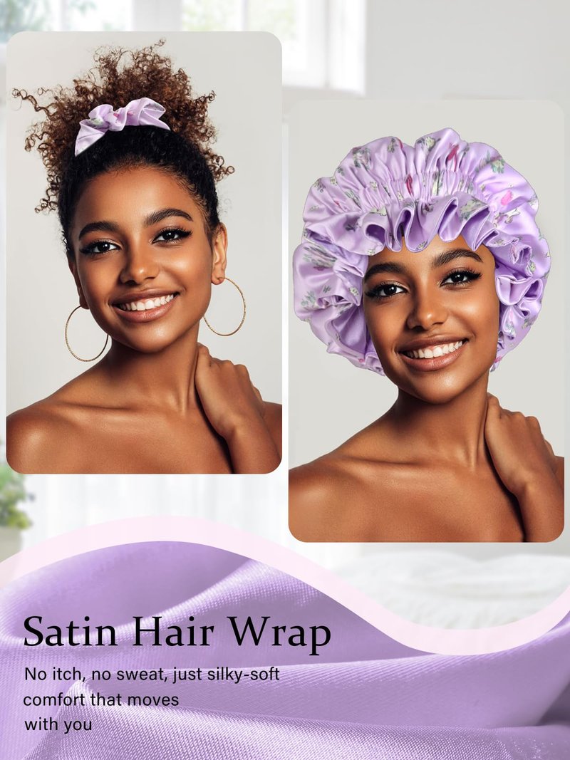 Vettres Floral Satin Bonnet with Scrunchie Set,Double Layer Ruffle Reusable Sleeping Shower Cap for Curly Hair Blue-cherry