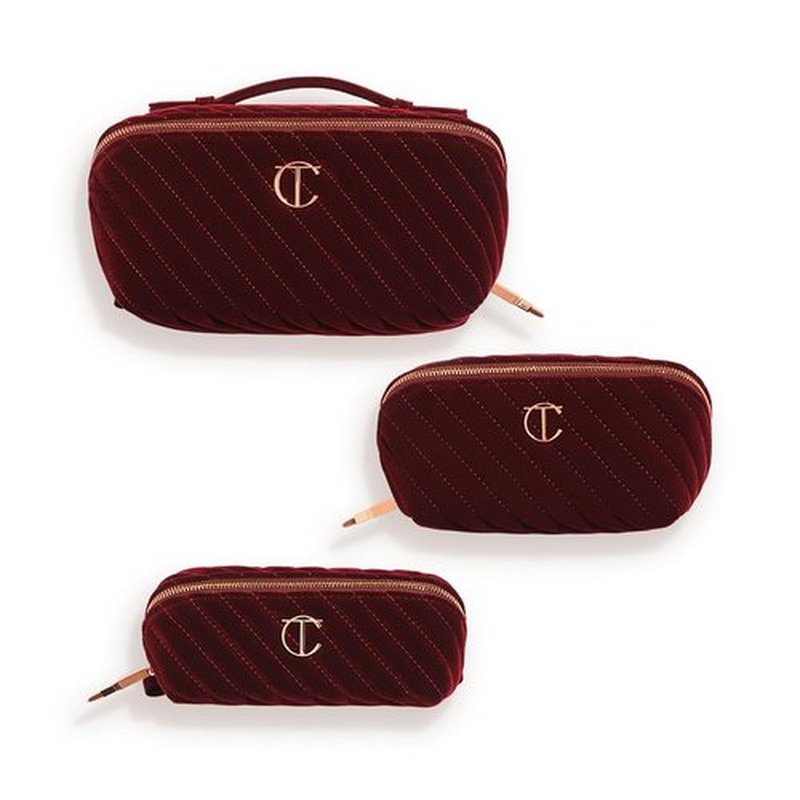 Charlotte Tilbury Makeup Bag - Quilted Velvet Cosmetic Organizer with 5 Compartments & Zip Pocket - Iconic Night Crimson