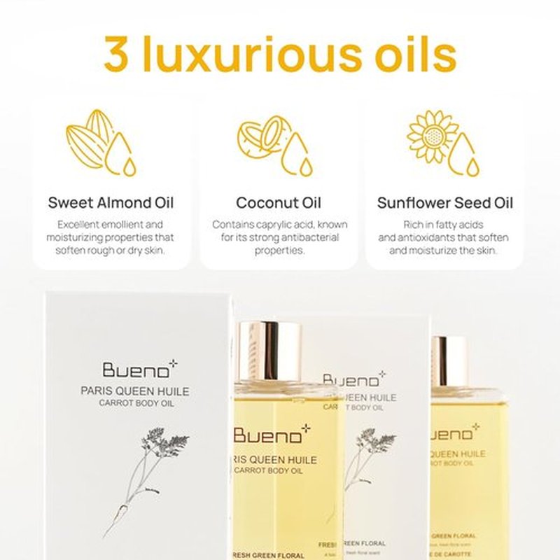 Bueno | Paris Queen Carrot Body Oil - Hydrates & Protects Skin with Carrot Extract | 6.7 Fl Oz