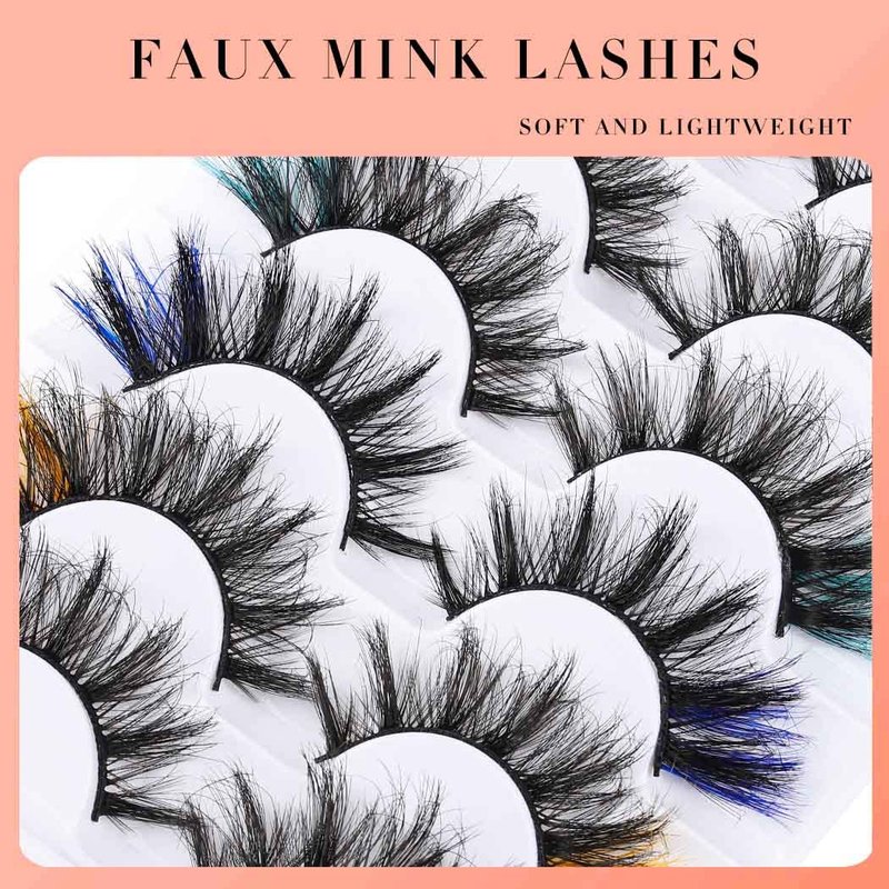 Uranian Colored False Eyelashes Mink Lashes with Color D Curl Fluffy Long Extensions Strip Dramatic Faux Eyelashes 7 Pairs Colorful Lashes Volume Fake Eyelashes for Women