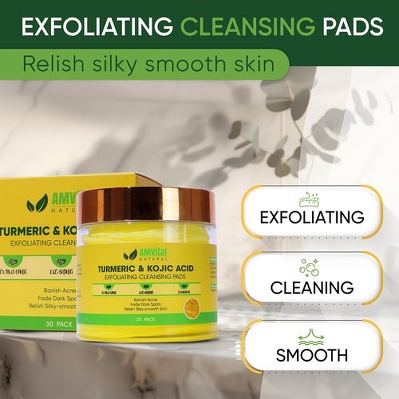 AMVital Turmeric Kojic Acid Cleansing Pads - Cleansing Face Pads - Nourishing Single-Use Turmeric & Kojic Acid Pads