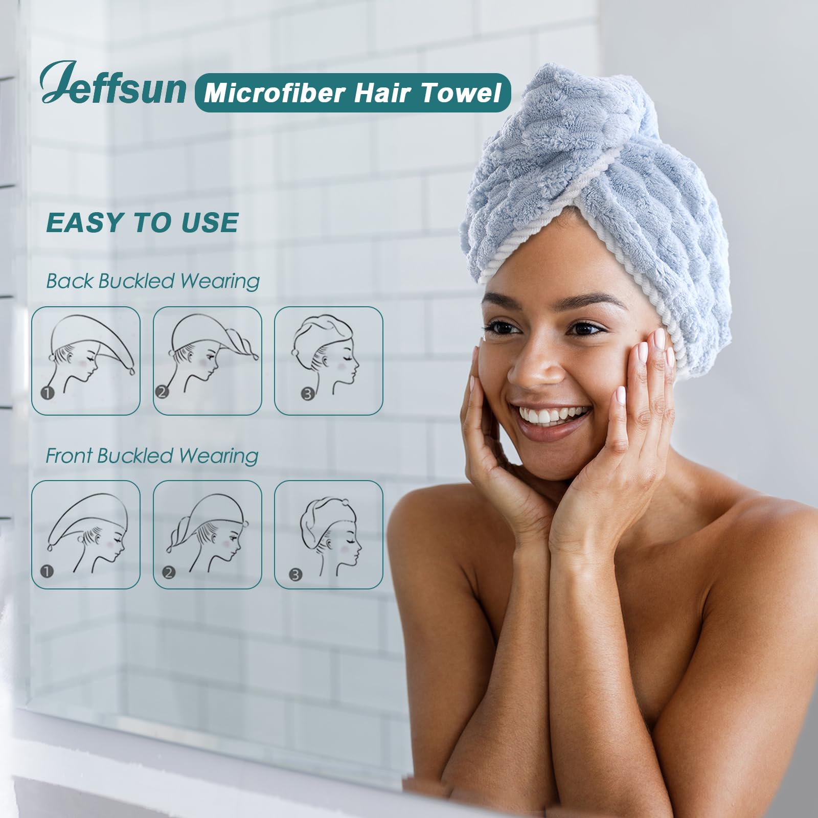 JEFFSUN Womens Microfiber Hair Drying Towel Wrap, 2-Layer Extra Thick Super Absorbent Hooded Hair Towel for Women Long Thick Wet Hair, 2 Colors Blue & Grey Reversible Hair Turban Towel