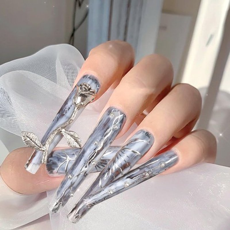 Long Sliver Press On Nails Pearl Artificial Nails, Almond Rose Butterfly Reusable Stick on Nails, Heavy Duty Nails for Women Girl Bride, Party Costume Fingernail Cosplay Drama Dance Show Decoration-L