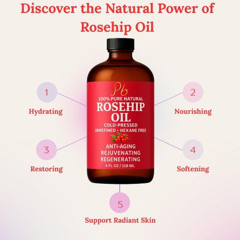 Pomberries Rosehip Seed Oil – Cold-Pressed & Unrefined, Rosehip Oil for Face, Skin & Hair – Rose Hip oil for Scars, Wrinkles, Stretch Marks, Daily Hydration & Gua Sha Massage, 4 fl oz