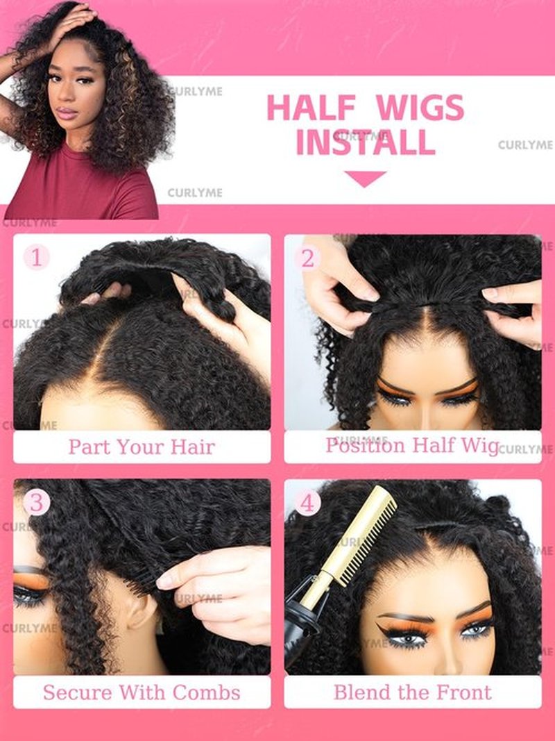 Curlyme Ombre Honey Blonde Kinky Curly Half Wig Human Wear and Go Glueless Install Flexible Fit 3 In 1 2/30 Color Half Wig Flip Over Invisible Hairline 18 Inch