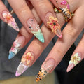 Long Press on Nails Almond Fake Nails French Tip False Nails with 3D Flower Rhinestones Leopard Designs Colorful Acrylic Nails for Women 24Pcs