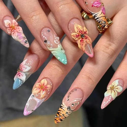 Long Press on Nails Almond Fake Nails French Tip False Nails with 3D Flower Rhinestones Leopard Designs Colorful Acrylic Nails for Women 24Pcs
