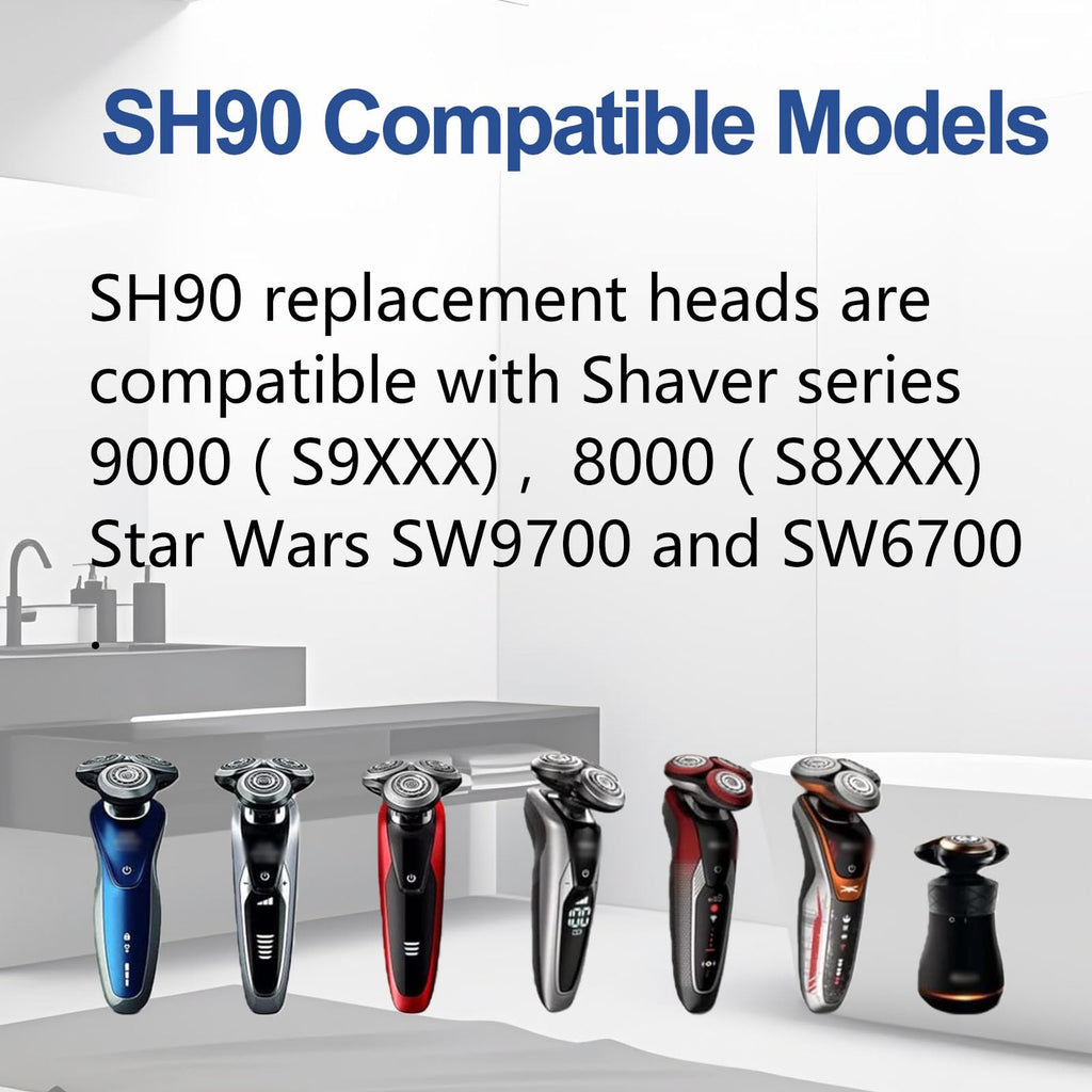 SH90 Replacement Heads Compatible with Philips Norelco Series 9000 & S8000,Metal Wheel Buckle Double-Layer Blades,Shaver Head for RQ10/RQ12 (Head A)