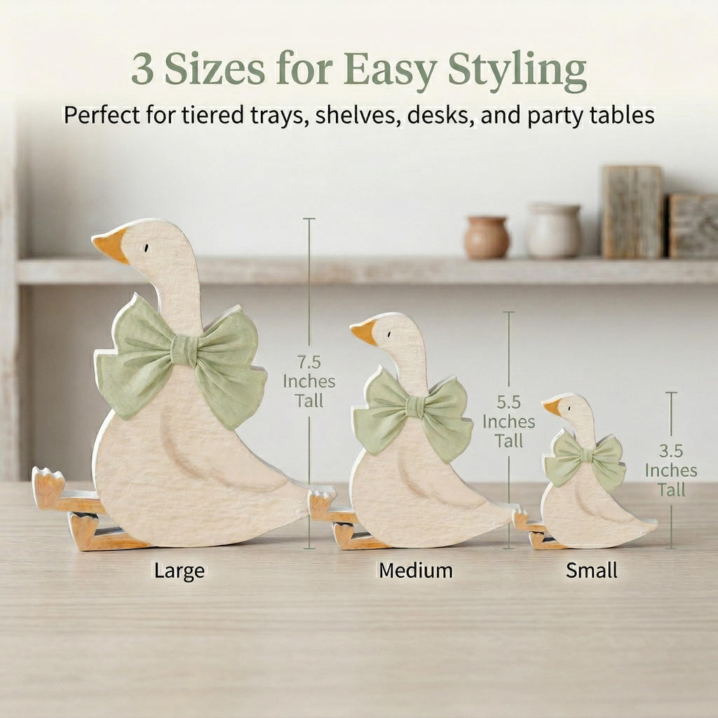 3PCS Silly Goose Birthday Party Decoration, Wooden Cute Goose with Pink Bow, Funny Table Centerpiece for Birthday Party Baby Shower, Desk Tiered Tray Decoration Rustic Farmhouse Gift, 5.9/4.7/3.9 Inch