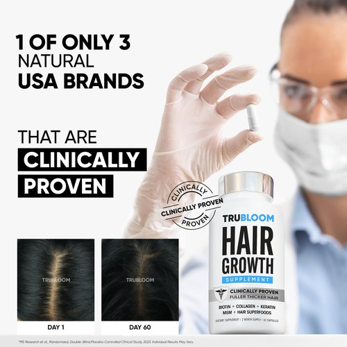Tru Bloom Hair Growth Vitamins - Clinically Proven & Dermatologist-Tested to Grow Fuller & Thicker Hair | Drug-Free Hair Growth Products with Biotin, Collagen, Keratin, MSM, Zinc & D3-2 Month Supply