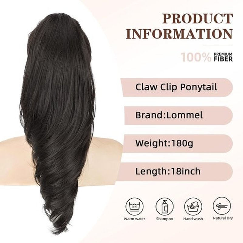 Lommel Claw Clip Ponytail Extension 18Inch Ponytail Extension Brown Black Wavy Curly Claw Clip in Ponytail Hair Extensions, Natural Fake Ponytail Synthetic Hairpiece for Women