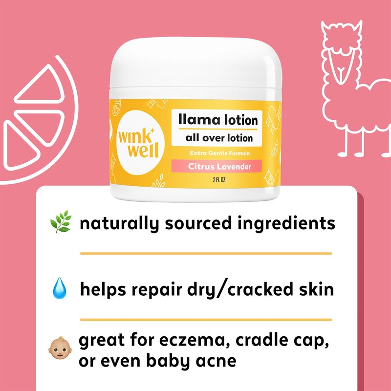 Wink Well Llama Baby Lotion, Gentle Body Care For Moisturizing And Calming Dry Skin For Babies, Kids And Adults, Free Of Parabens, Chemicals, Dyes And Fragrances (2 oz jar)