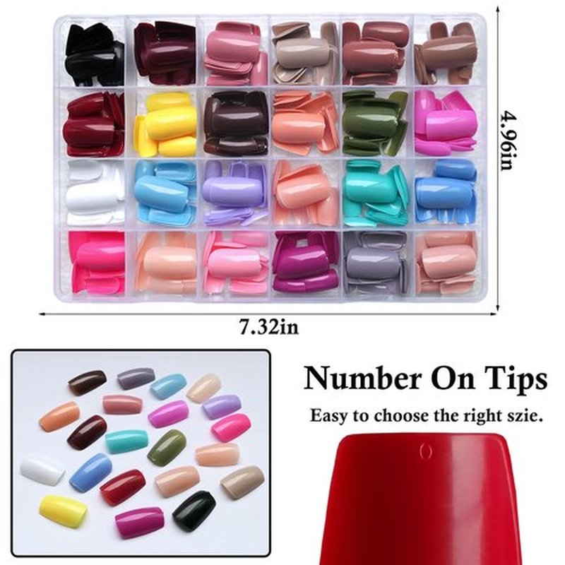 LoveOurHome 576pc Square Press on Nails Medium Fake Nails with Glue Tab, Medium Glue on Nails Press ons Nail Square Acrylic Nail Full Cover Artificial Fingernails Stick False Nail for Women Girls
