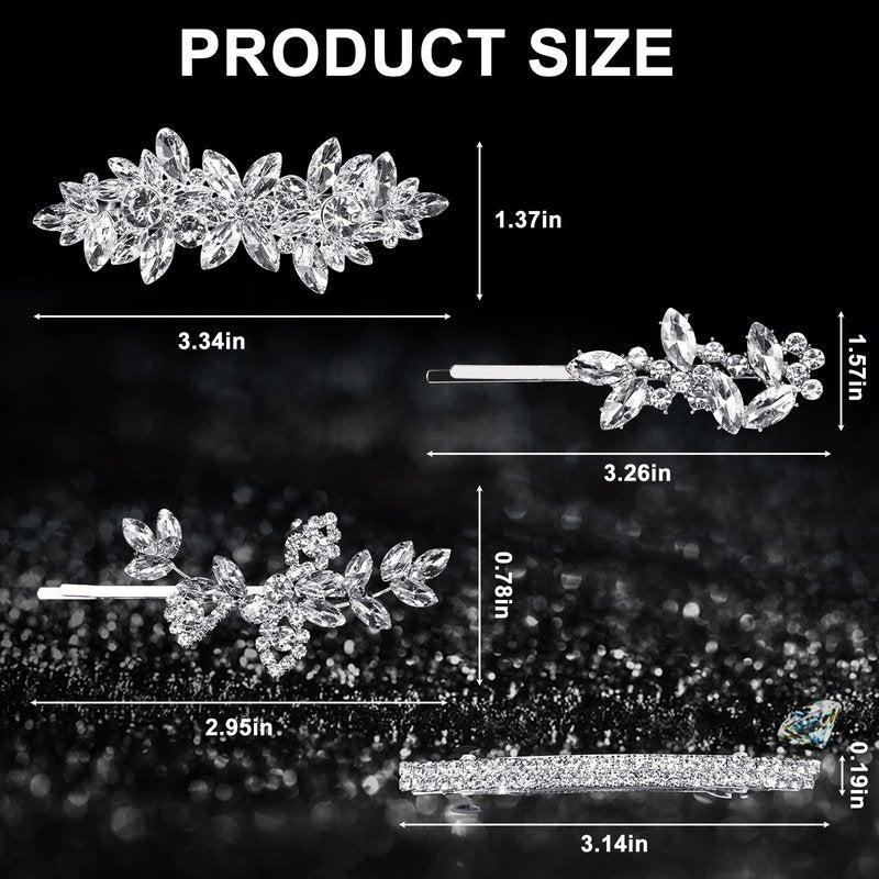YONOY 4Pcs Rhinestone Hair Barrettes for Women Leaf Wedding Hair Pins Crystal Bobby Pins Silver Bridal Hairpin Clips for Brides Bridesmaids Flower Girls