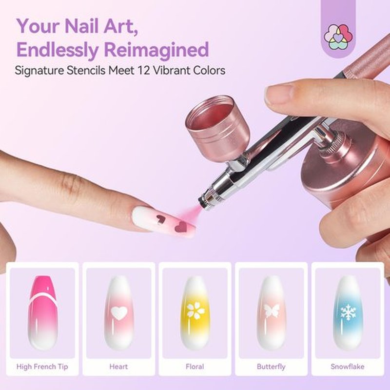 SAVILAND All-in-1 Airbrush Gel Nail Polish Kit: Dilution-Free Airbrush Paint for Nails Non-Acetone 12 Colors Airbrush Gel Polish with Airbrush Cleaner Stencils French Ombre Blush Nail Art Beauty