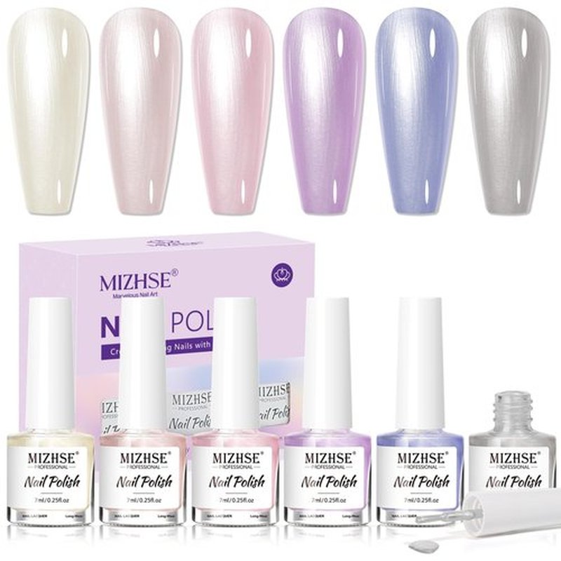 MIZHSE Pearlescent Nail Polish Set, 6 Colors Quick Dry Pearl Nail Polish, Air Fast Drying Nail Lacquer Non Gel Oil-based Pink Purple Blue Gray Nail Art Manicure Home DIY Gift for Women