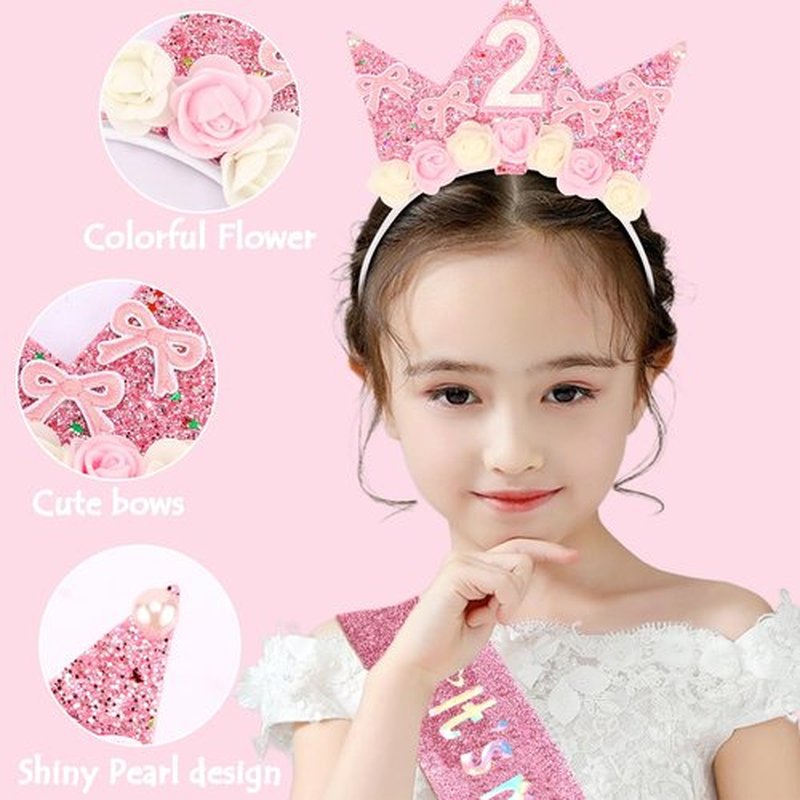 SuPoo 2nd Birthday Sash and Headband Flower 2nd Birthday Decorations for Girl Pink Bow Crown for Girls 2 Sash Princess Tiara Glitter Hair Band 2 Year Old Party Decorations Outfit Gift