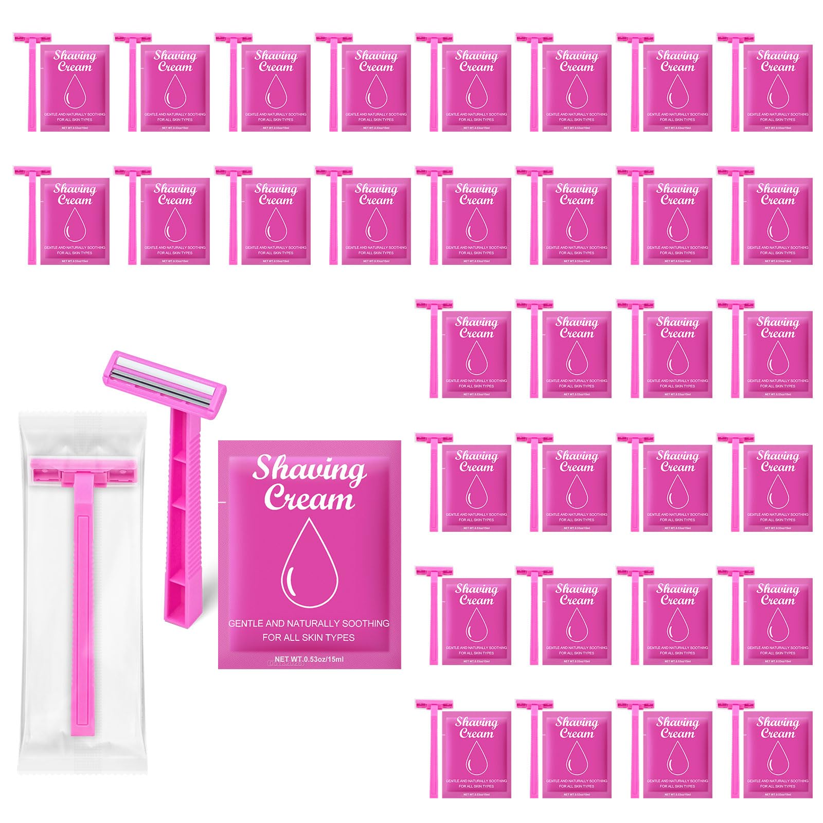 Womens Shaving Cream Bulk Travel and Women's Disposable Razors Individually Wrapped,0.53oz Shave Gel for Women, Care Dry Skin Womens Shave Gel Disposable Razors Women for Travel Guests Homeless（30Set）