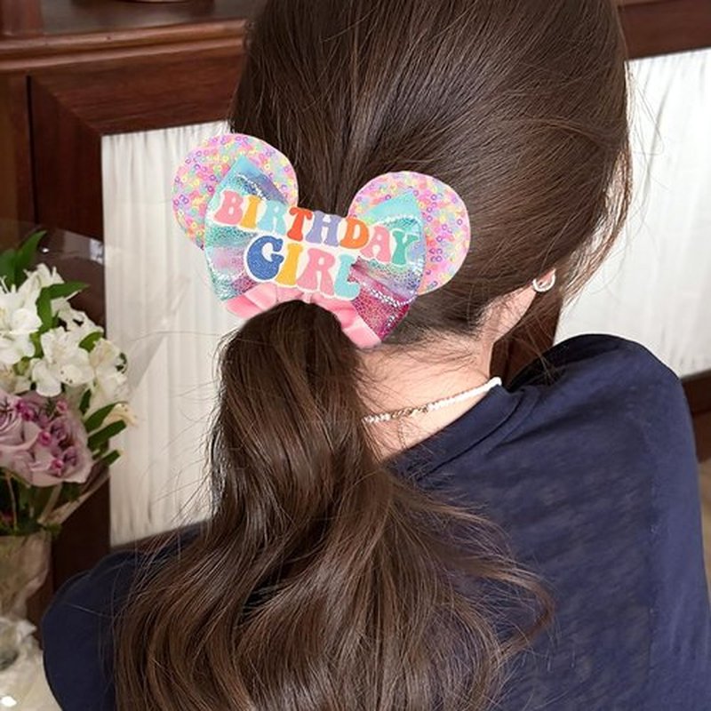Mouse ear scrunchies with glitter sequin ears for women girls, princess hair accessories for women, mini mouse ears bows hair bows for women girls (birthday pink)