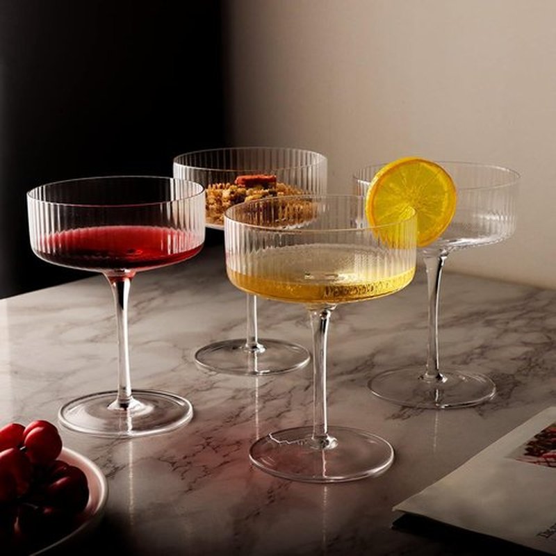 Skiennix 10 oz Ribbed Coupe Cocktail Glasses - Elegant Hand Blown Martini Set in Gift Box | 6 Pcs