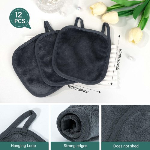 12 Pack Makeup Remover Cloth, 6" x 6" Reusable Makeup Remover Towels Face Washcloth for Washing Face, Makeup Remover Pads Cosmetic Face Wash (Grey)