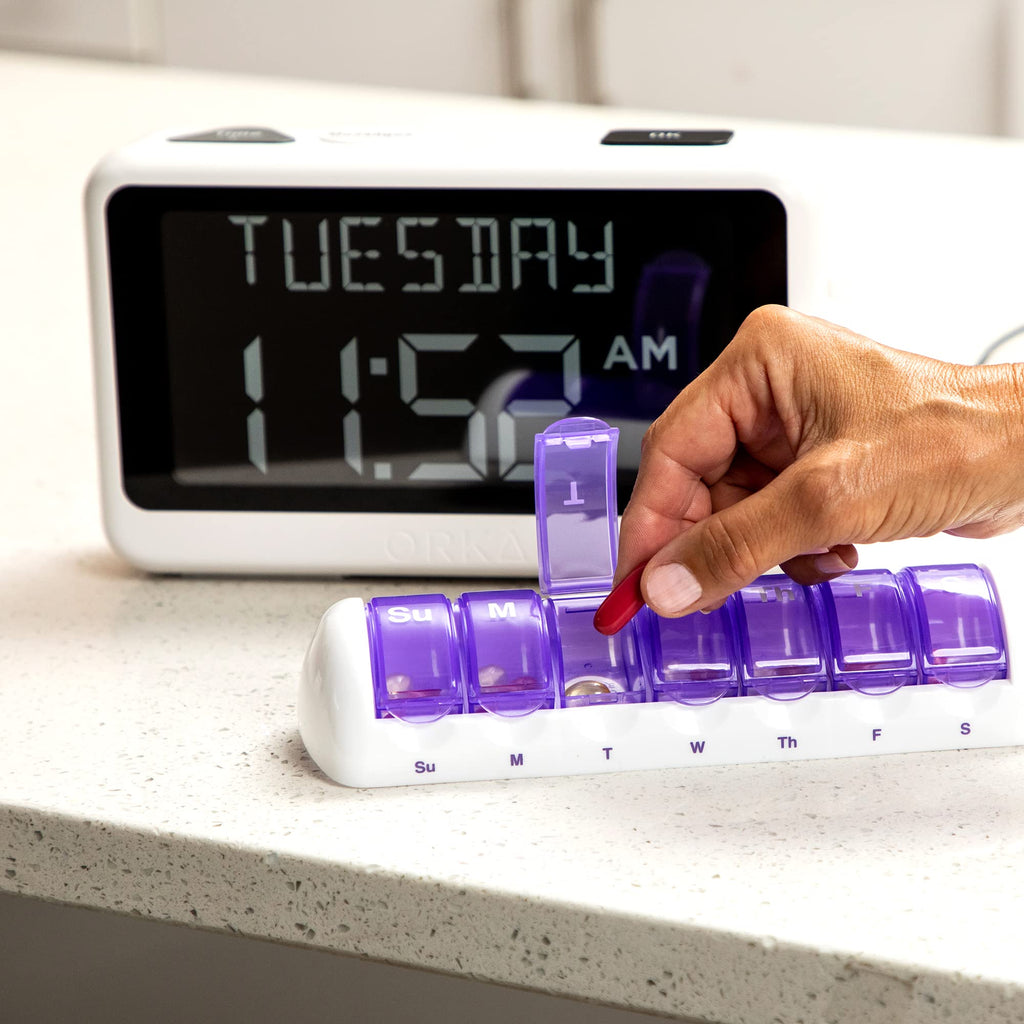 ORKA Talking Clock. Voice Recordable Ex Large Medication Pill Reminder. Talking Alarm Clock for Dementia, Hearing, Visually impaired Seniors-Digital Day Clock with Multiple Customized Alarms White