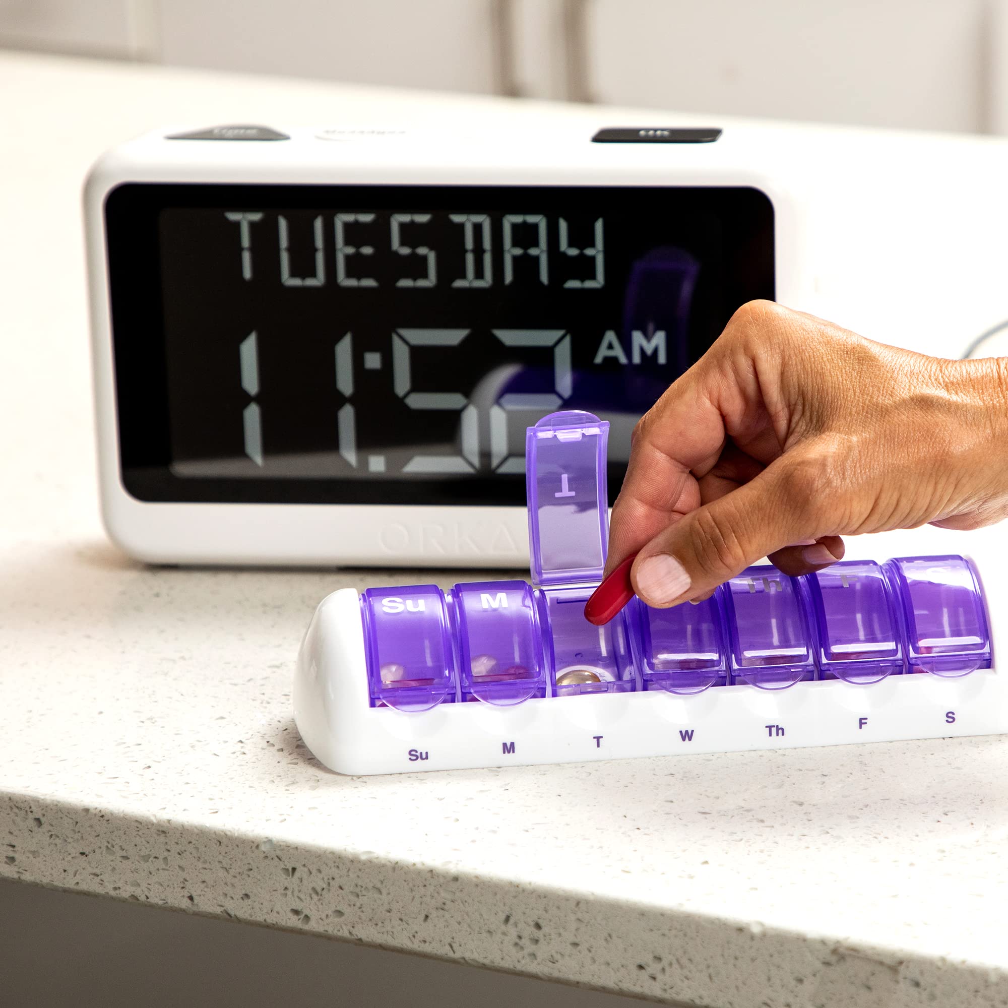 ORKA Talking Clock. Voice Recordable Ex Large Medication Pill Reminder. Talking Alarm Clock for Dementia, Hearing, Visually impaired Seniors-Digital Day Clock with Multiple Customized Alarms White
