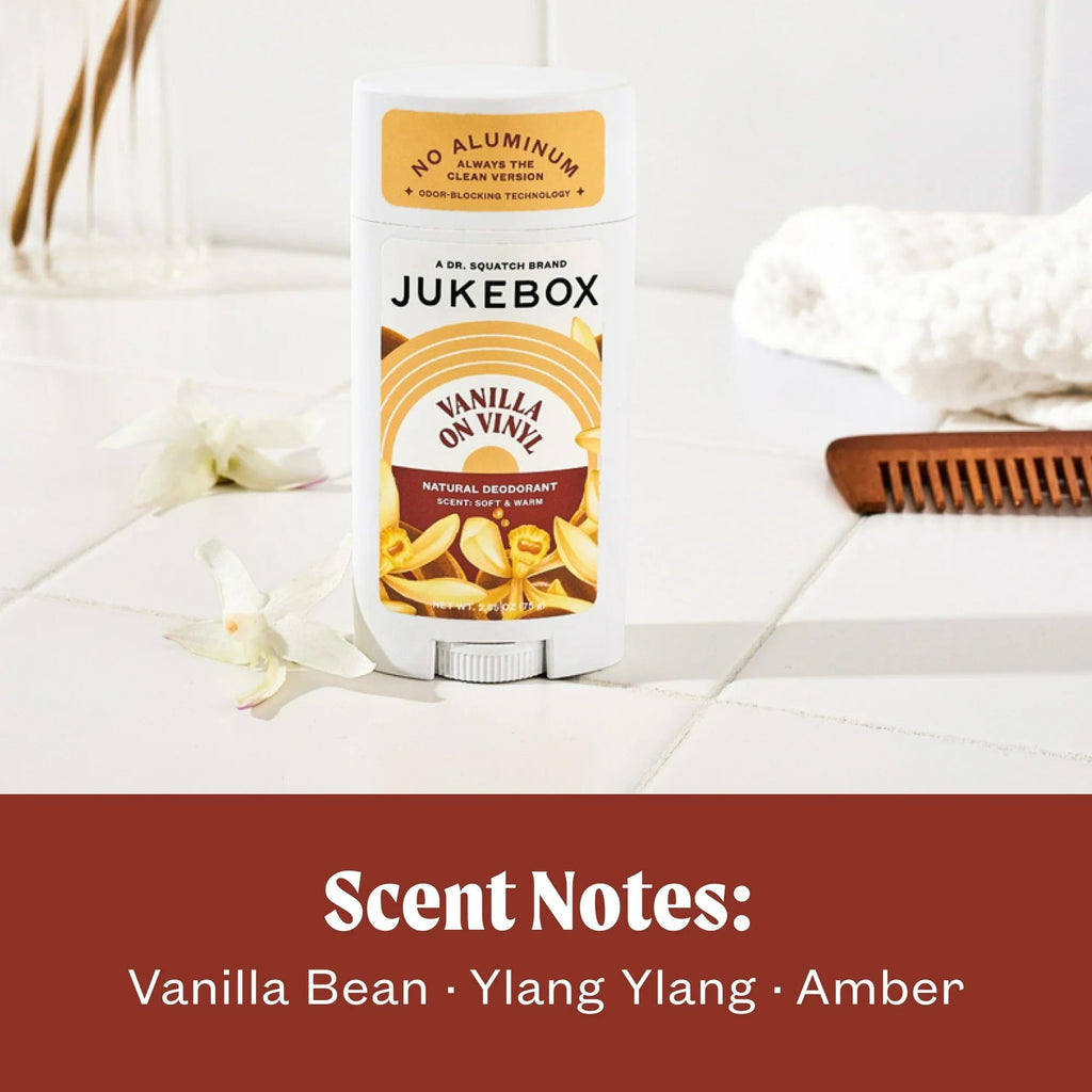 Jukebox Natural Deodorant for Women–Vanilla on Vinyl-Aluminum-Free, No Baking Soda, No Harsh Chemicals, Odor Blocking Technology, Vanilla Bean, Ylang Ylang, Amber-a Dr. Squatch Brand-2.65oz, 3 Pack