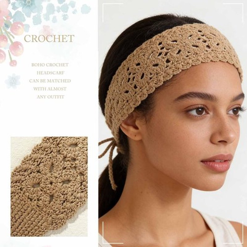 Acenail Boho Headbands Crochet Hair Bandanas Head bands Hippie Hair Scarfs Tie Back Head Kerchief Knitted Hairband Bohemian Headwrap Floral Hair Accessories for Women (Solid Color)