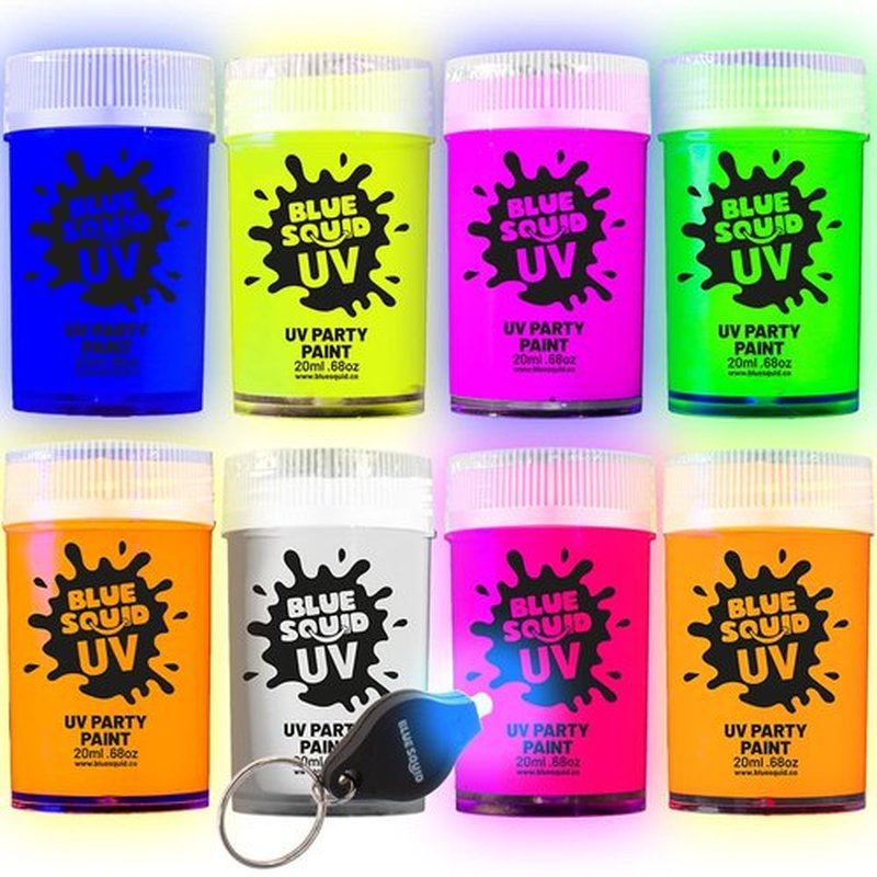 Blue Squid UV Body Paint - Glow in the Dark Body Paint, Neon Face Paint for Glow Party Accessories - Safe, Non-Toxic Black Light Glow Makeup for Adults & Kids, Multicolor 8 x Pots with Mini UV Light