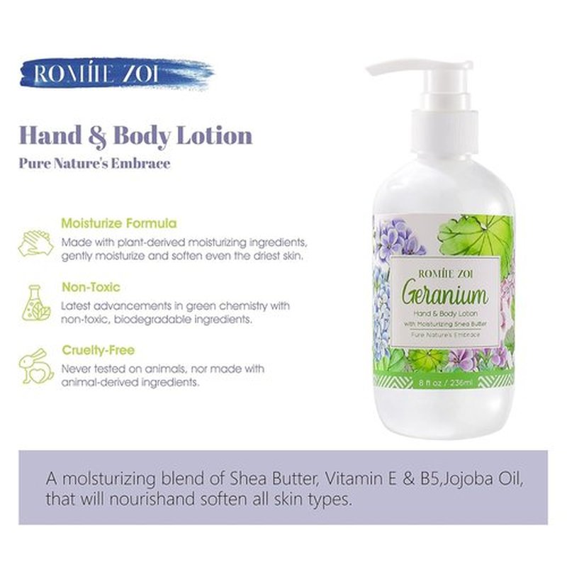 ROMIIE ZOI Daily Hand & Body Lotion - Moisturizing Shea Butter with Geranium - 236 ML / 8 FL OZ