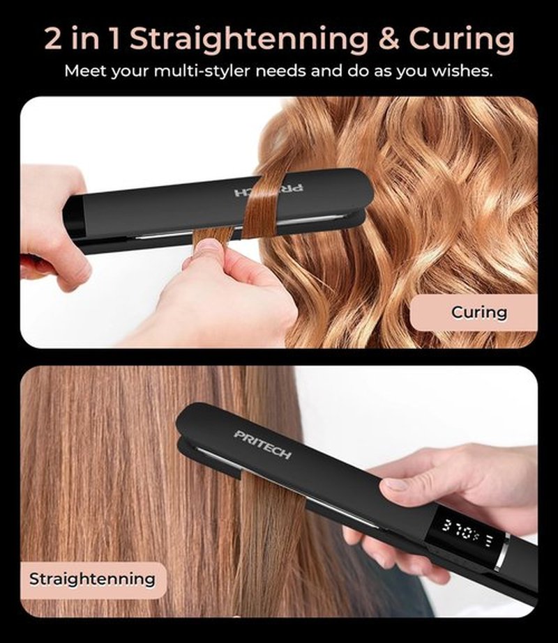 PRITECH Flat Iron Hair Straightener, Titanium Flat Iron with Adjustable Temp(290°F-450°F), 1 inch Plate for All Hairstyles Anti-Scald Dual Voltage Straightening and Curler 2 in 1 (Black)
