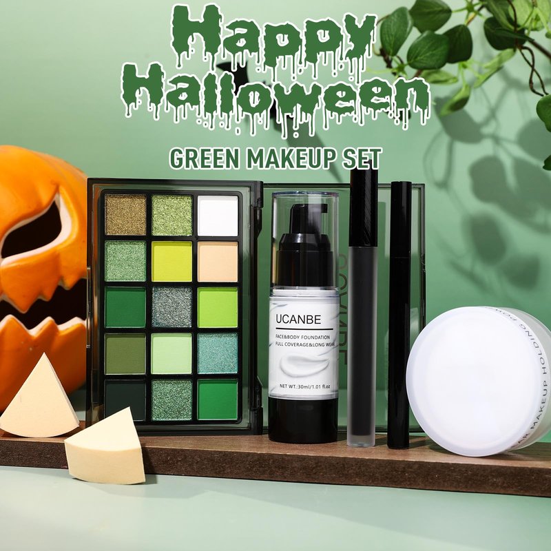 UCANBE Green Halloween Makeup Kit – Zombie Witch Beetle Juice Monster Makeup Set for SFX Costume Cosplay with Eyeshadow Palette, White Foundation, Black Lipstick,Eyeliner, Setting Powder & Sponges