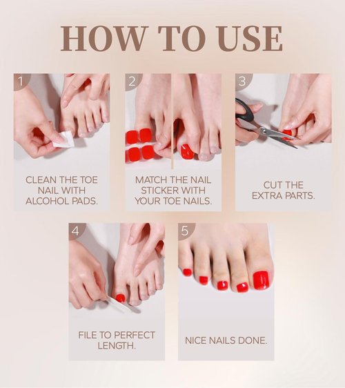 Toe Gel Nail Stickers - 34PCS Salon Quality Wraps no UV Light Needed - Long Lasting Toe Nail Polish Strips for Women (Rose Red)