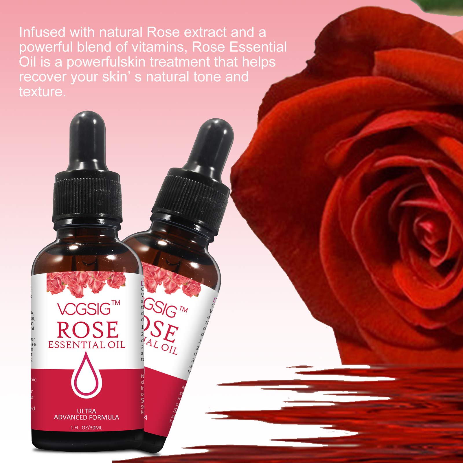 VOGSIG Rose Essential Oil 30ml - Aromatherapy, Skin Moisturizing, Anti-Aging, Reduce Pigmentation, Quickly Absorbed